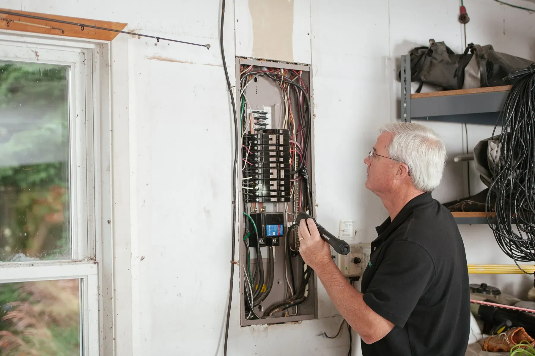An electrician inspecting a residential breaker panel mounted on a garage wall